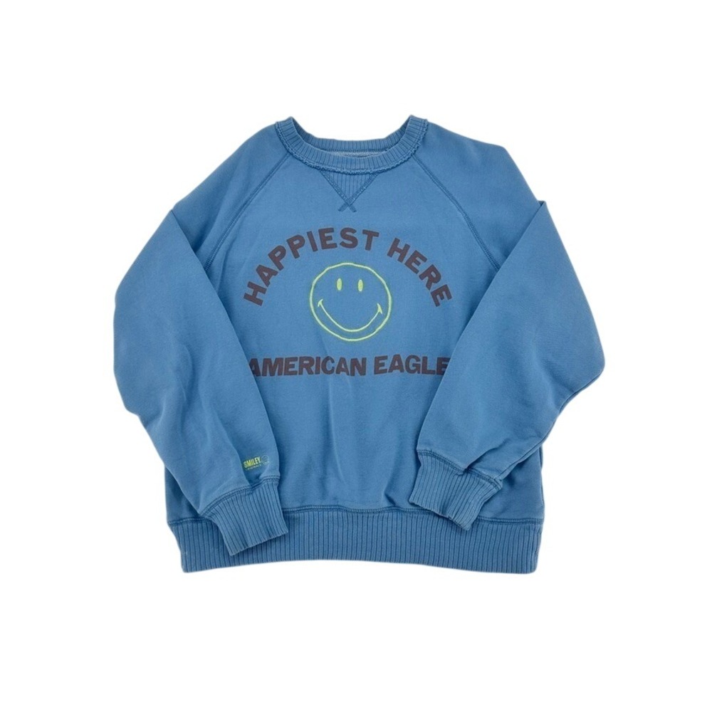 American Eagle Happiest Here Smiley Blue‎ Crewneck Sweatshirt Small